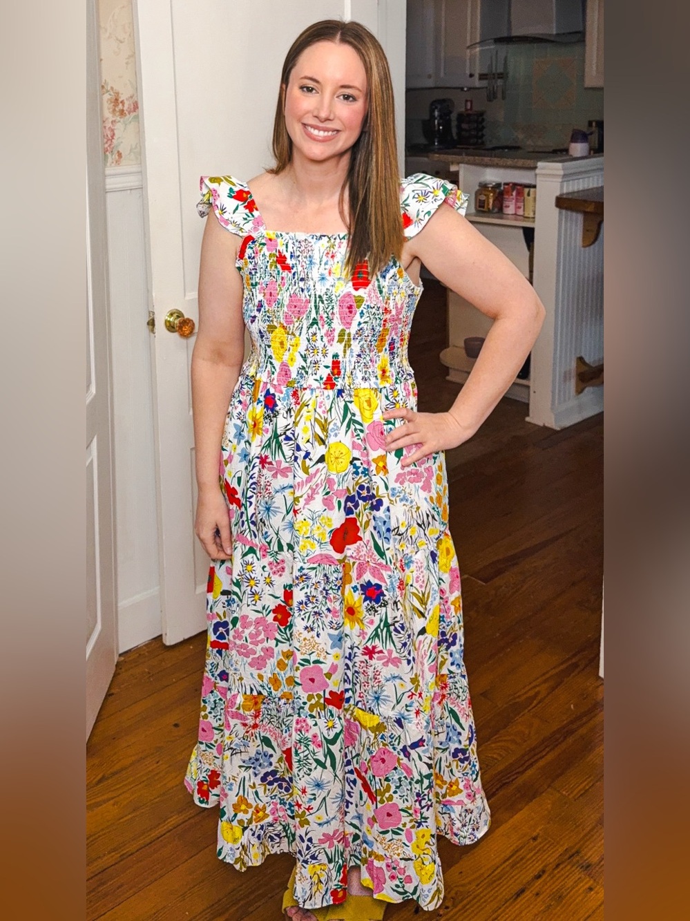 THML White Floral Maxi Dress with Pink, Yellow & Green Print